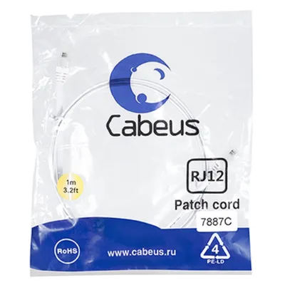 Телефонный патч-корд Cabeus PC-TEL-RJ12-1m, RJ12 6p4C, U/UTP, 1 м, белый