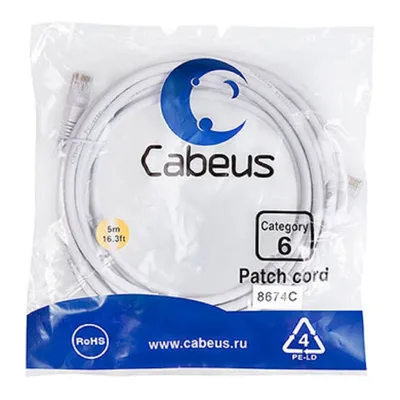 Патч-корд Cabeus PC-UTP-RJ45-Cat.6-5m-WH, U/UTP Cat.6, 2×RJ45, 5 м, белый