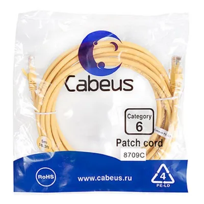 Патч-корд Cabeus PC-UTP-RJ45-Cat.6-5m-YL, U/UTP, Cat.6, 2×RJ45, 5 м, жёлтый