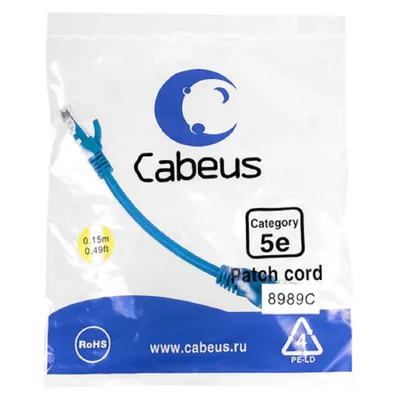 Патч-корд Cabeus PC-UTP-RJ45-Cat.5e-0.15m-BL-LSZH, Cat.5e, 0.15м, синий