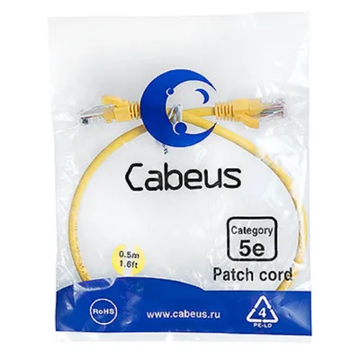 Патч-корд Cabeus PC-UTP-RJ45-Cat.5e-0.5m-YL, U/UTP, Cat.5e, 0.5м