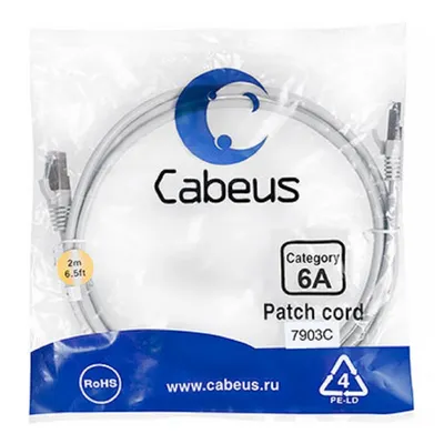 Патч-корд Cabeus PC-SSTP-RJ45-Cat.6a-2m-LSZH, S/FTP, кат. 6а, 2×RJ45, 2 м, LSZH, серый