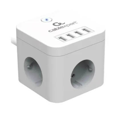 Сетевой фильтр Cablexpert CUBE-3-U4-W-1.5, 3 розетки, 4×USB, 1.5м