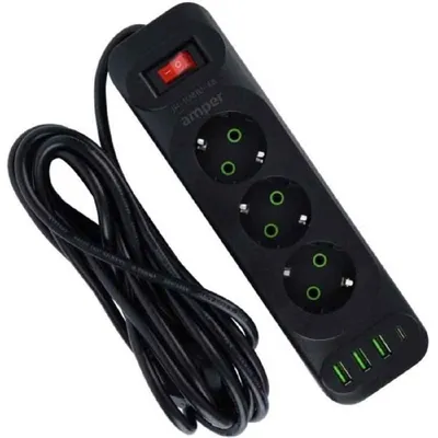 Сетевой удлинитель Amper JH-1081U-4B, 4м, 3 розетки, 3×USB+Type-C
