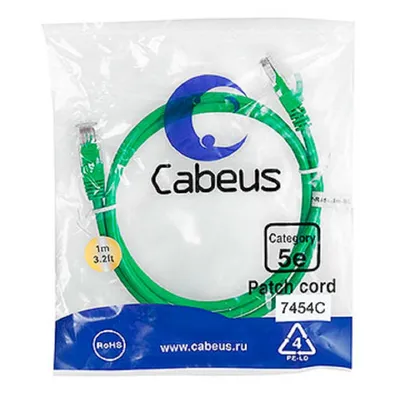 Патч-корд Cabeus PC-UTP-RJ45-Cat.5e-1m-GN-LSZH, U/UTP Cat.5e, RJ45, LSZH, 1 м, зелёный