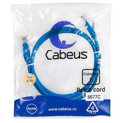 Патч-корд Cabeus PC-UTP-RJ45-Cat.6-1m-BL, U/UTP Cat.6, 2×RJ45, 1 м, синий