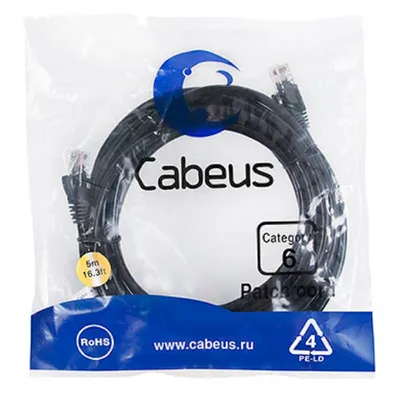 Патч-корд Cabeus PC-UTP-RJ45-Cat.6-5m-BK, U/UTP Cat.6, 5 м, черный