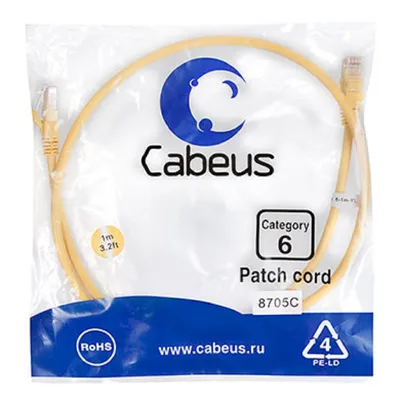 Патч-корд Cabeus PC-UTP-RJ45-Cat.6-1m-YL, U/UTP Cat.6, 2×RJ45, 1 м, желтый