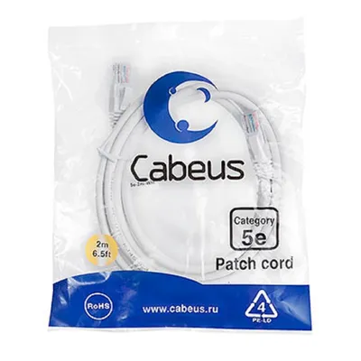 Патч-корд Cabeus PC-UTP-RJ45-Cat.5e-2m-WH, U/UTP, кат.5e, 2×RJ45, 2 м, белый