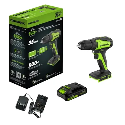 Дрель-шуруповерт Greenworks 3704007CUA, 24V, бесщеточная, 35Нм, 1×2Ач