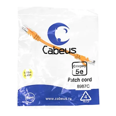 Патч-корд Cabeus PC-UTP-RJ45-Cat.5e-0.15m-OR, U/UTP Cat.5e, 2×RJ45, 0.15 м, оранжевый