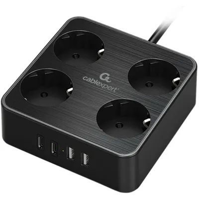 Сетевой фильтр Cablexpert PLT-4-C2U2-B-2, 4 розетки, 2×Type-C PD, 2×USB, 2 м