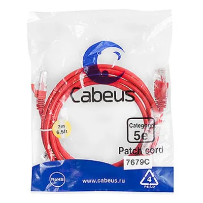 Патч-корд Cabeus PC-UTP-RJ45-Cat.5e-2m-RD, U/UTP, Cat.5e, 2 м, красный