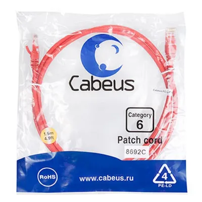 Патч-корд Cabeus PC-UTP-RJ45-Cat.6-1.5m-RD, U/UTP Cat.6, 2×RJ45, 1,5 м, красный