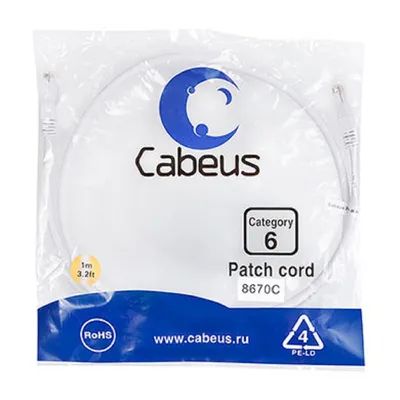 Патч-корд Cabeus PC-UTP-RJ45-Cat.6-1m-WH, U/UTP Cat.6, 2×RJ45, 1 м, белый