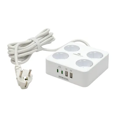Сетевой фильтр Cablexpert PLT-4-C2U2-W-3, 4р, 10А, 2xType-C PD, 2xUSB, 3м