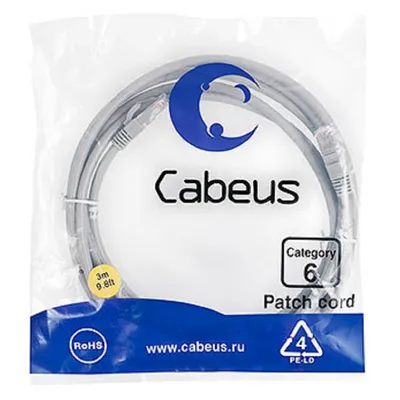 Патч-корд Cabeus PC-UTP-RJ45-Cat.6-3m, U/UTP Cat.6, 2×RJ45, AWG24, PVC, 3 м, серый