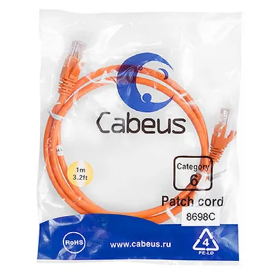 Патч-корд Cabeus PC-UTP-RJ45-Cat.6-1m-OR, Cat6 UTP, 1м, оранжевый