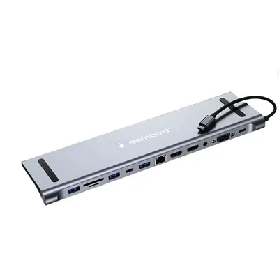 Док-станция Type-C Gembird  UHB-D6  12в1:2xUSB3.1,PD87,Jack3.5,SD/TF,2xHDMI,RJ45,VGA,USB2.0,Type-C,  кабель 23см,алюминий