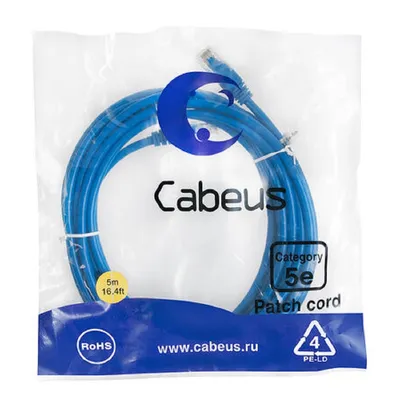 Патч-корд Cabeus PC-UTP-RJ45-Cat.5e-5m-BL-LSZH, U/UTP Cat.5e, 2×RJ45, LSZH, 5 м, синий