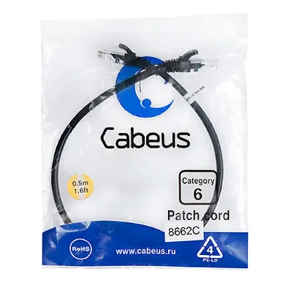 Патч-корд Cabeus PC-UTP-RJ45-CAT.6-0.5M-BK, U/UTP Cat.6, 2×RJ45, 0,5 м, чёрный