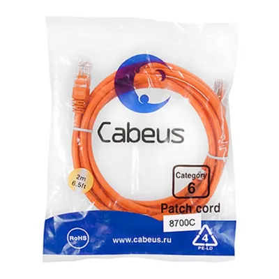 Патч-корд Cabeus PC-UTP-RJ45-Cat.6-2m-OR, U/UTP Cat.6, 2×RJ45, 2 м, оранжевый