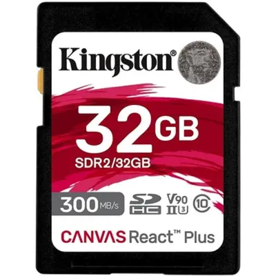 Карта памяти Kingston SDR2/32GB Canvas React Plus, SDHC 32 ГБ, UHS-II, U3, V90, 300/260 МБ/с
