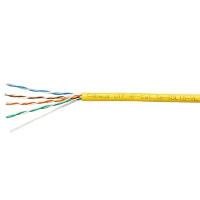 Cabeus UTP-4P-Cat.5e-SOLID-YL - Кабель витая пара UTP (U/UTP), категория 5e, 4 пары (24 AWG), одножильный, желтый (305 м), системная гарантия 25 лет.