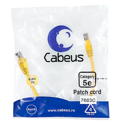 Патч-корд Cabeus PC-UTP-RJ45-Cat.5e-0.3m-YL, U/UTP Cat.5e, 0.3м
