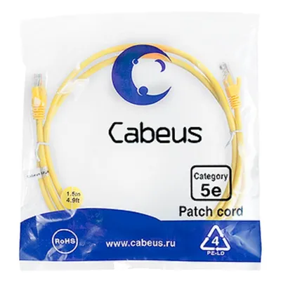 Патч-корд Cabeus PC-UTP-RJ45-Cat.5e-1.5m-YL, U/UTP Cat.5e, 1.5м, желтый