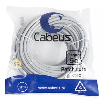 Патч-корд Cabeus PC-UTP-RJ45-Cat.5e-20m, U/UTP, кат.5e, 2×RJ45, 20 м, серый
