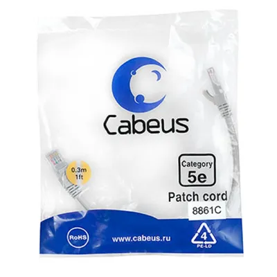 Патч-корд Cabeus PC-UTP-RJ45-Cat.5e-3m-WH, U/UTP Cat.5e, 2×RJ45, 3 м, белый