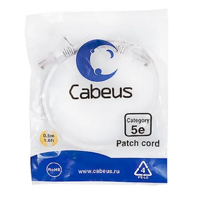 Патч-корд Cabeus PC-UTP-RJ45-Cat.5e-0.5m-WH, U/UTP кат. 5e, 2×RJ45, AWG24, 0,5 м, белый