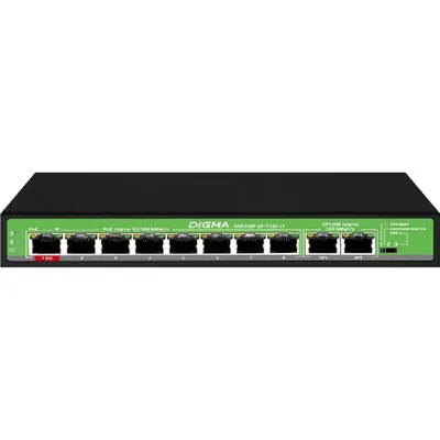 Коммутатор Digma DSP208F-2F-T120, 10×100Мбит/с (8 PoE+), 120W