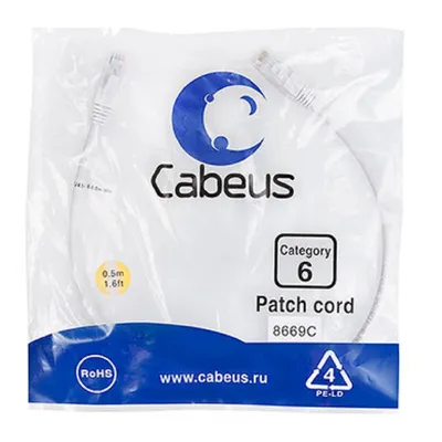 Патч-корд Cabeus PC-UTP-RJ45-Cat.6-0.5m-WH, U/UTP, кат. 6, 0,5 м, белый