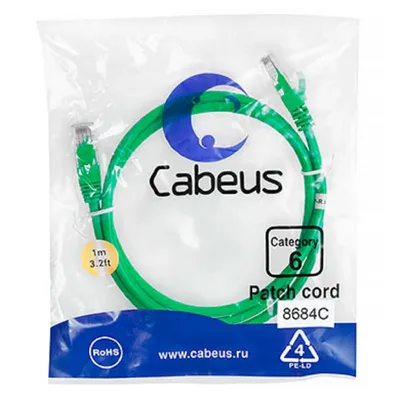 Патч-корд Cabeus PC-UTP-RJ45-Cat.6-1m-GN, U/UTP кат.6, 2×RJ45, 1 м, зелёный