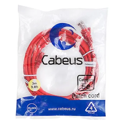 Патч-корд Cabeus PC-UTP-RJ45-Cat.5e-3m-RD, U/UTP, Cat.5e, 3м, PVC