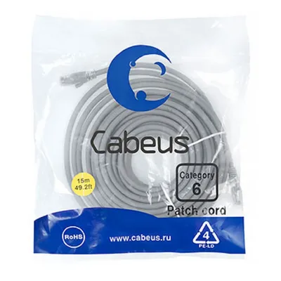 Патч-корд Cabeus PC-UTP-RJ45-Cat.6-15m-LSZH, U/UTP кат.6, 2×RJ45, LSZH, 15 м, серый