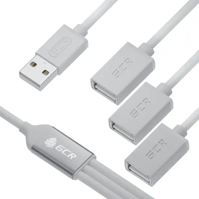 Хаб GCR GCR-53354, USB 2.0, 3 порта Type-A, 0,35 м, гибкий, белый