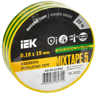 Изолента iEK UIZ-20-10-K52, ПВХ, 19 мм × 20 м, жёлто-зелёная