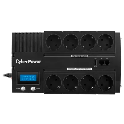 BR1000ELCD - Источник бесперебойного питания, CyberPower BR1000ELCD, Мощность 1000ВА/600Вт, BR-серия, Линейно-интерактивный, Напольный, LCD/USB-A,B,С/RJ11/RJ45, AVR: 165-290В, АКБ 12В/9Ач*1 шт., Вых: 8*Schuko, Чёрный