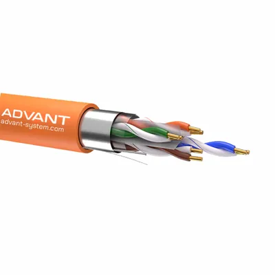 Кабель витая пара, экранированная F/UTP, категория 6, 4 пары (23 AWG), одножильный (solid), с разделителем, –20°C – +75°C, Цвет: оранжевый, оболочка LSZH. Соответствует стандарту пожарной безопасности IEC-60332-3-24.