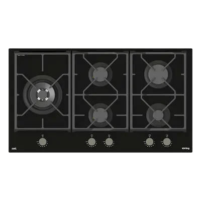 Варочная панель Korting HGG 9987 CTN FLC, газовая, 90см, 5 конфорок, WOK, чёрное стекло