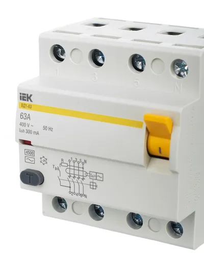 Выключатель дифференциального тока IEK MDV10-4-063-300 (ВД1-63), 4П, 63 А, 300 мА, тип AC