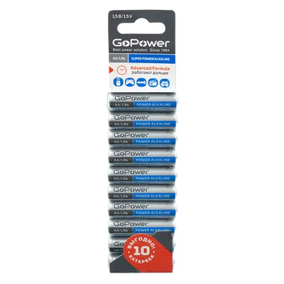 Батарейка GoPower LR6 AA BL10 Alkaline, AA, 1.5 В, LR6, блистер 10 шт.