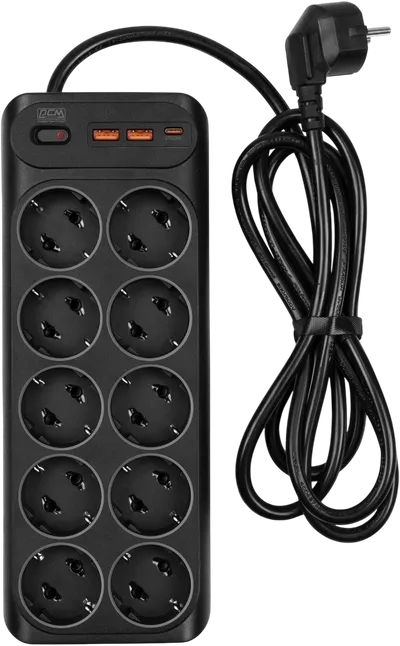 Сетевой фильтр Powercom SP-10 USB2A1CB 3.0M, 10 розеток, 16А, 4кВт, USB-C+2×USB-A