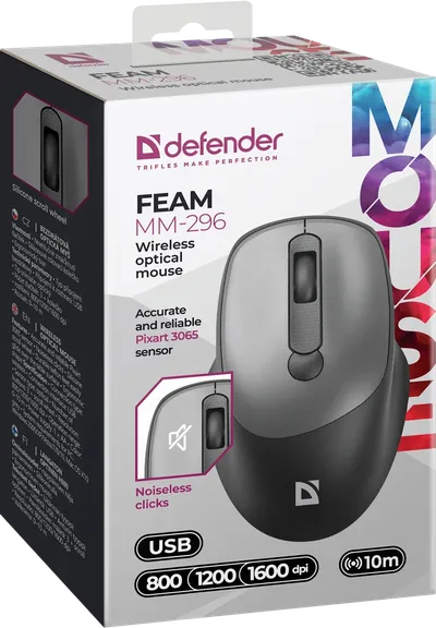 Мышь беспроводная Defender Feam MM-296 черный, 1600 dpi, радиоканал, USB, кнопки - 4