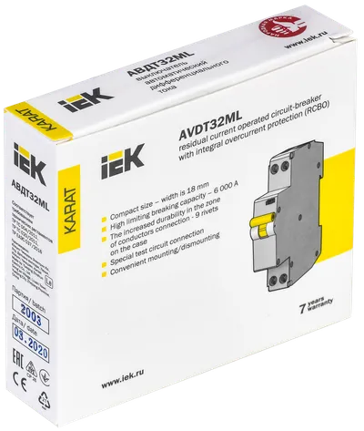 Дифференциальный автомат IEK АВДТ32МL MVD12-1-025-C-010, 25 А, 10 мА, тип AC, 1P, 6 кА