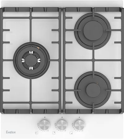Варочная панель EVELUX HEG 450 WG, газовая, 45 см, 3 конфорки, стекло, чугунные решетки