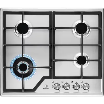 Встраиваемые газовые панели ELECTROLUX/ Газовая варочная поверхность -нержавеющая сталь, мощность: 8550 Вт, WOK-конфорка, автоматический электроподжиг, газ-контроль, решетки: чугун, независимая установка, размеры (ШхГ): 59.5x51 см